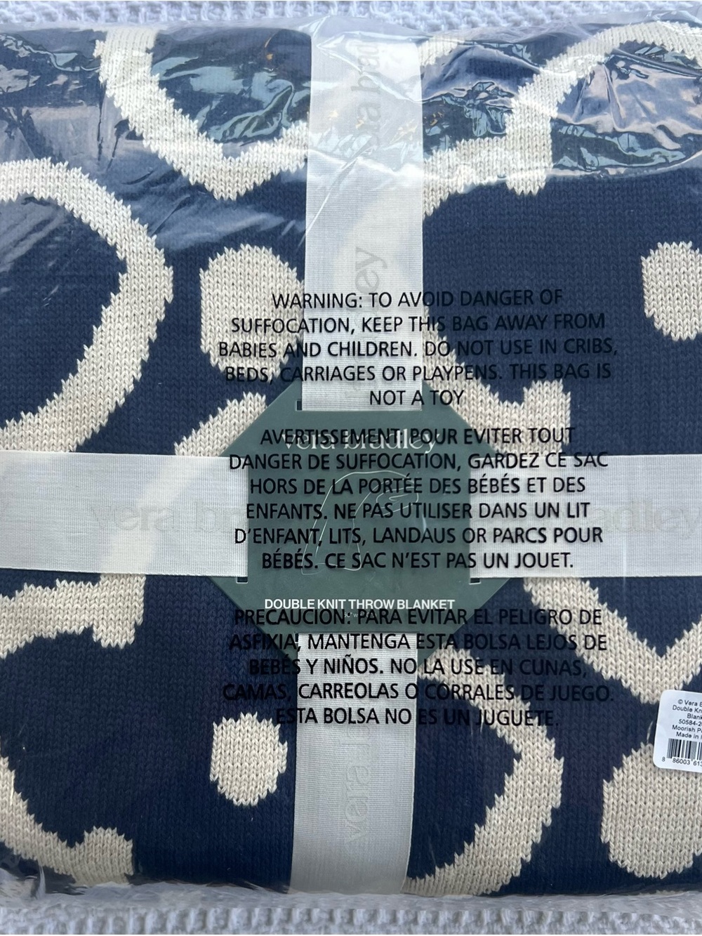 NWT Vera Bradley Double Knit Throw Blanket Moorish Peacoat 70”x50” Navy Blue NEW